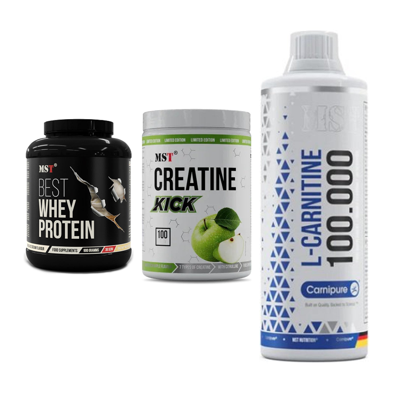 MST Marken-Trio: Best Whey + Creatine Kick + L-Carnitine – alle enthaltenen Artikel