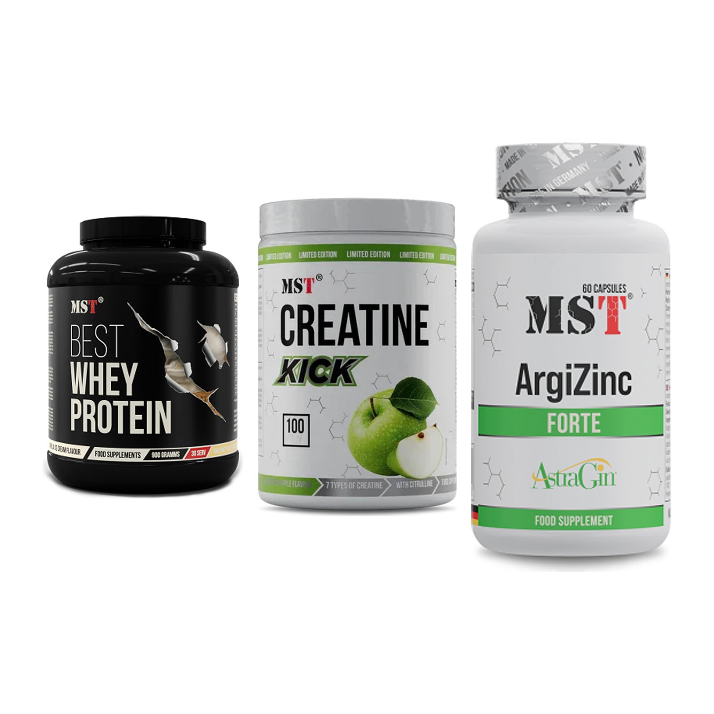 MST Marken-Trio: Best Whey Protein + Creatine Kick + ArgiZinc Forte – alle enthaltenen Artikel