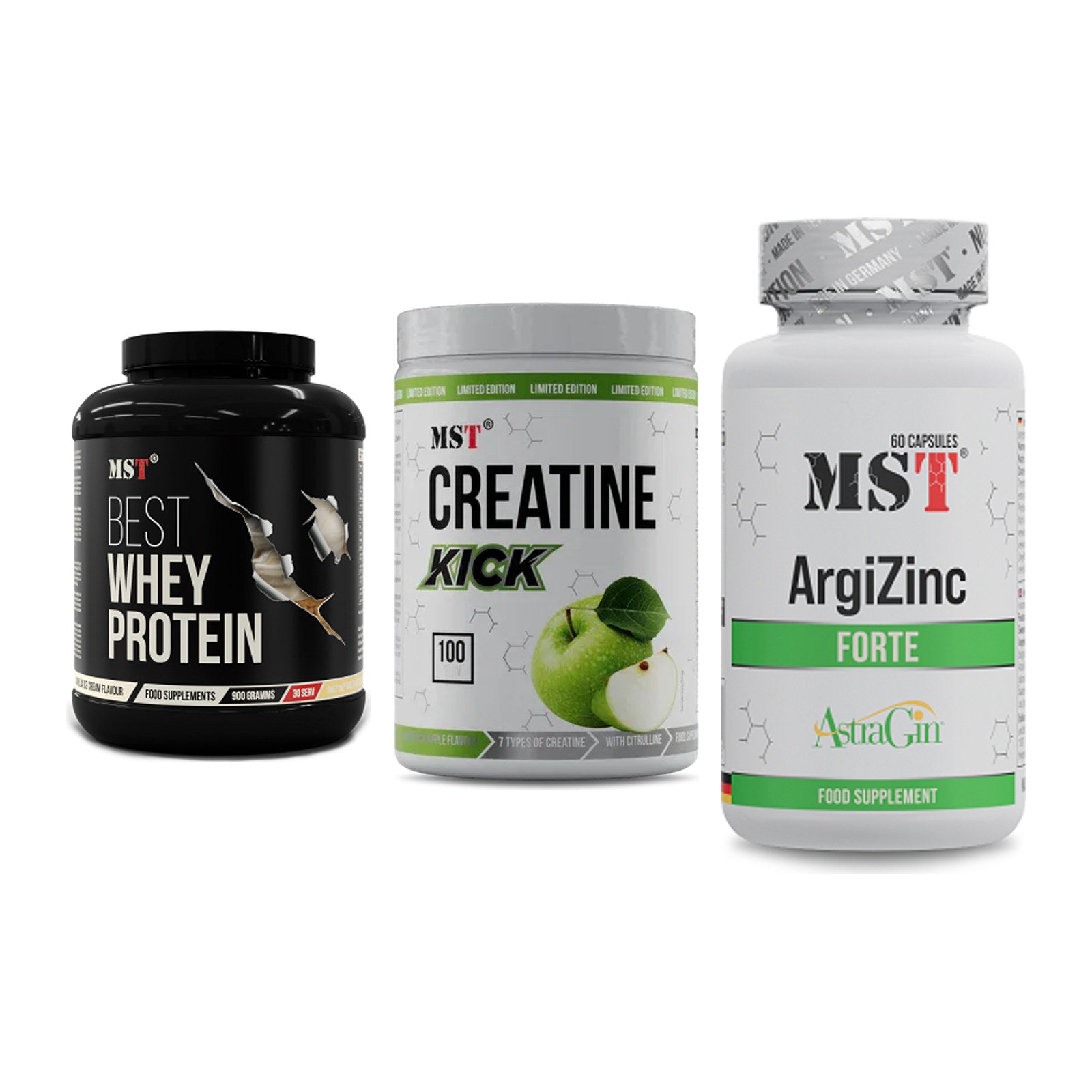 MST Marken-Trio: Best Whey Protein + Creatine Kick + ArgiZinc Forte – alle enthaltenen Artikel