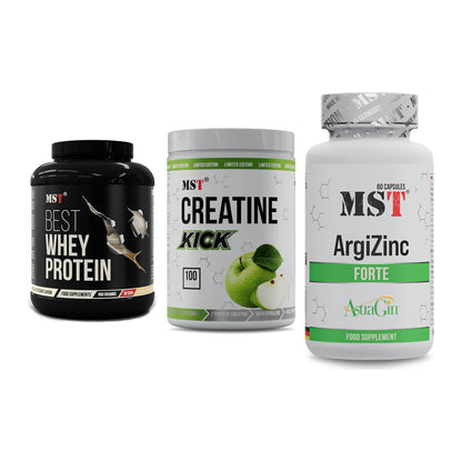 MST Marken-Trio: Best Whey Protein + Creatine Kick + ArgiZinc Forte – alle enthaltenen Artikel
