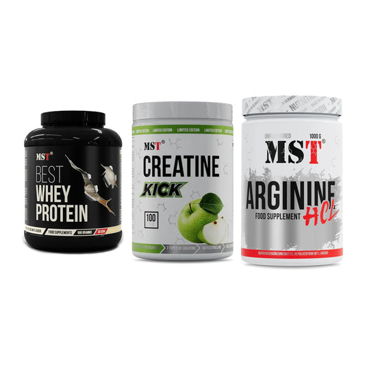 MST Marken-Trio: Best Whey Protein + Creatine Kick + Arginine HCL – alle enthaltenen Artikel