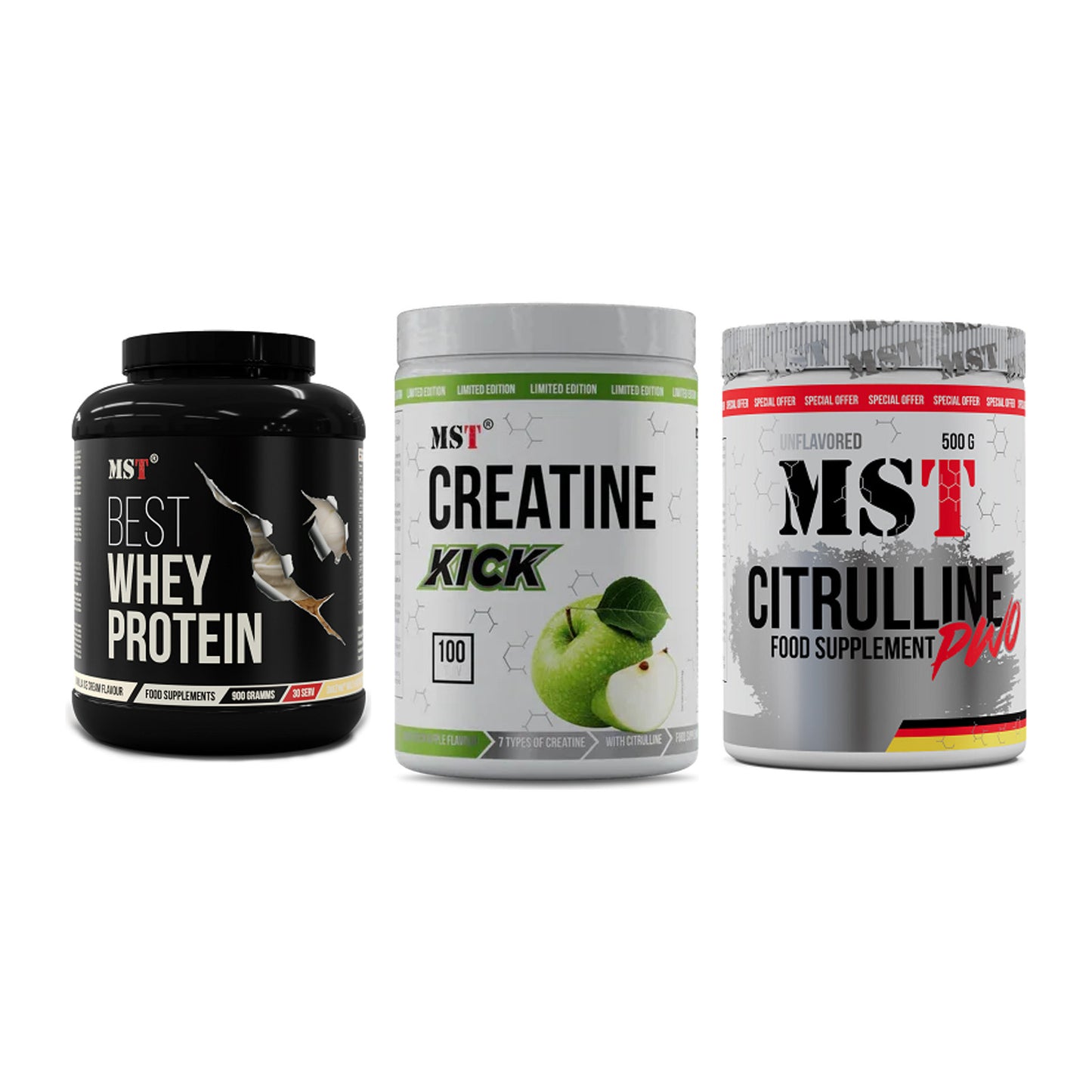 MST Marken-Trio: Best Whey + Creatine Kick + Citrulline – alle enthaltenen Artikel