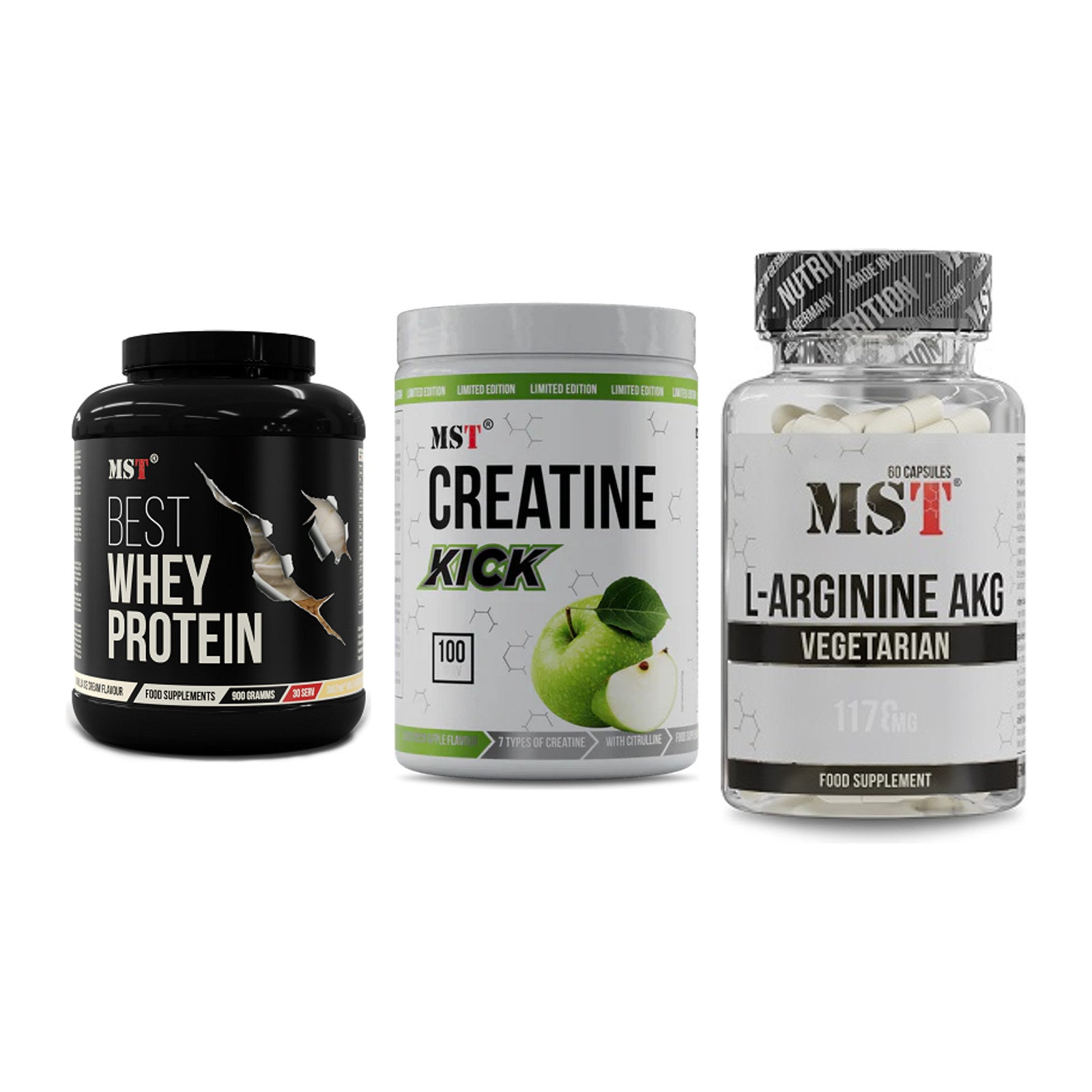 MST Marken-Trio: Best Whey + Creatine Kick + Arginin AAKG – alle enthaltenen Artikel
