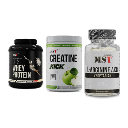 MST Marken-Trio: Best Whey + Creatine Kick + Arginin AAKG – alle enthaltenen Artikel