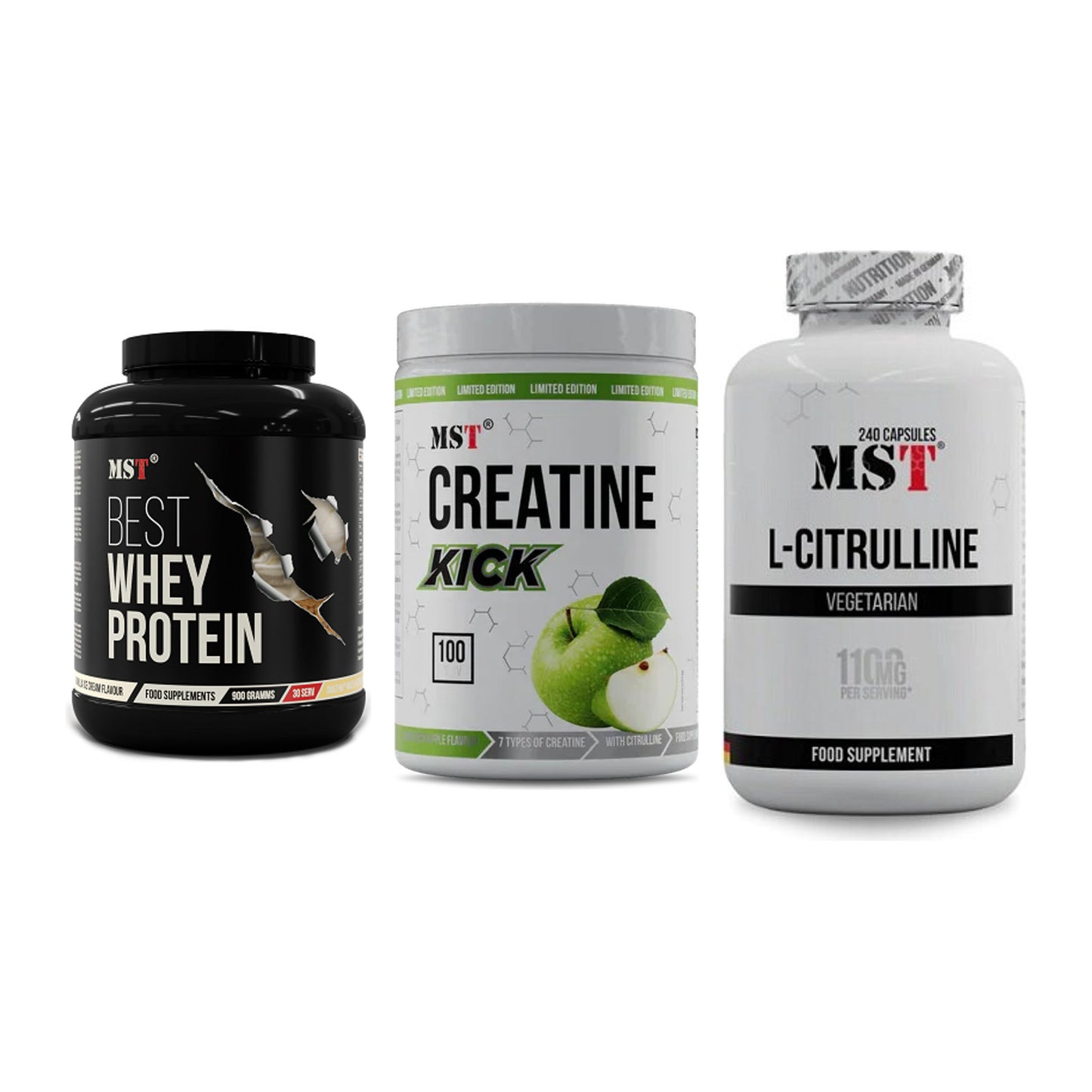 MST Marken-Trio: Best Whey Protein + Creatine Kick + Citrulline – alle enthaltenen Artikel