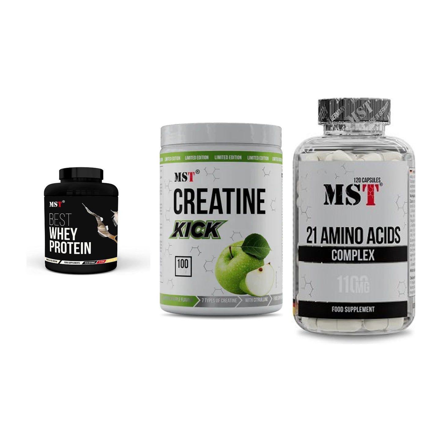 MST Marken-Trio: Best Whey Protein + Creatine Kick + 21 Amino Acids – alle enthaltenen Artikel