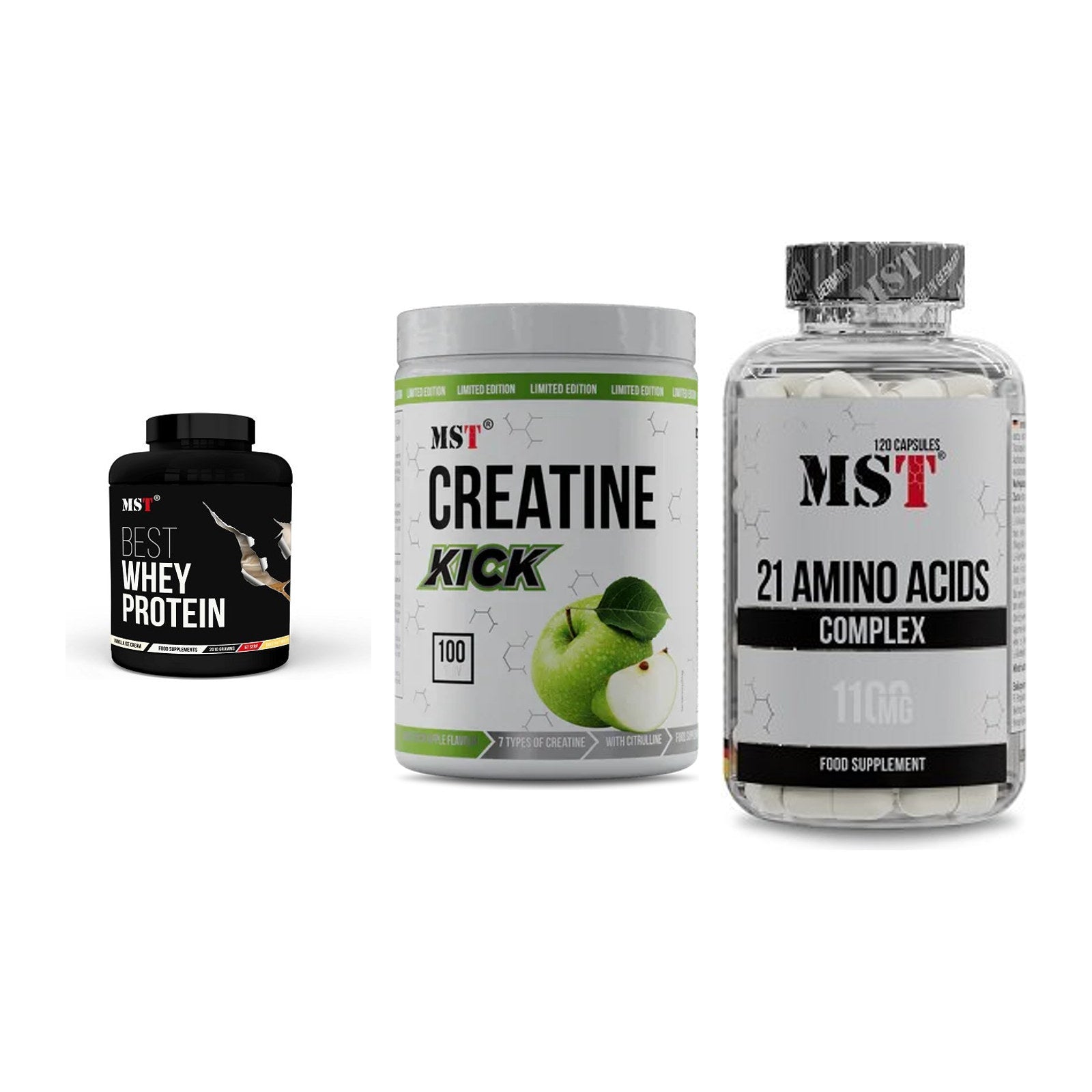MST Marken-Trio: Best Whey Protein + Creatine Kick + 21 Amino Acids – alle enthaltenen Artikel