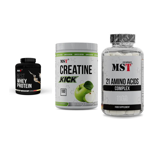 MST Marken-Trio: Best Whey Protein + Creatine Kick + 21 Amino Acids – alle enthaltenen Artikel