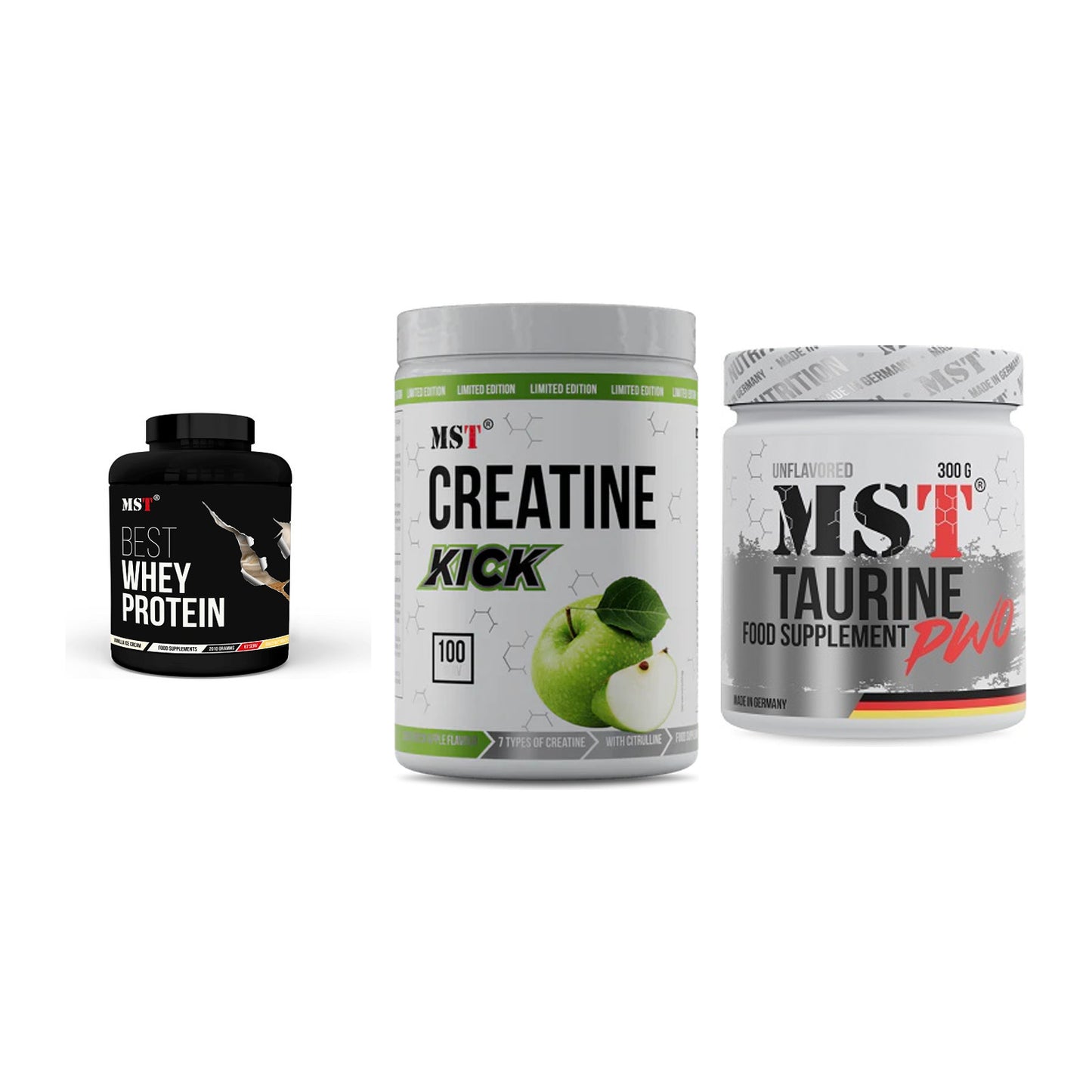 MST Marken-Trio: Best Whey Protein + Creatine Kick + Taurine – alle enthaltenen Artikel