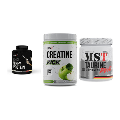 MST Marken-Trio: Best Whey Protein + Creatine Kick + Taurine – alle enthaltenen Artikel