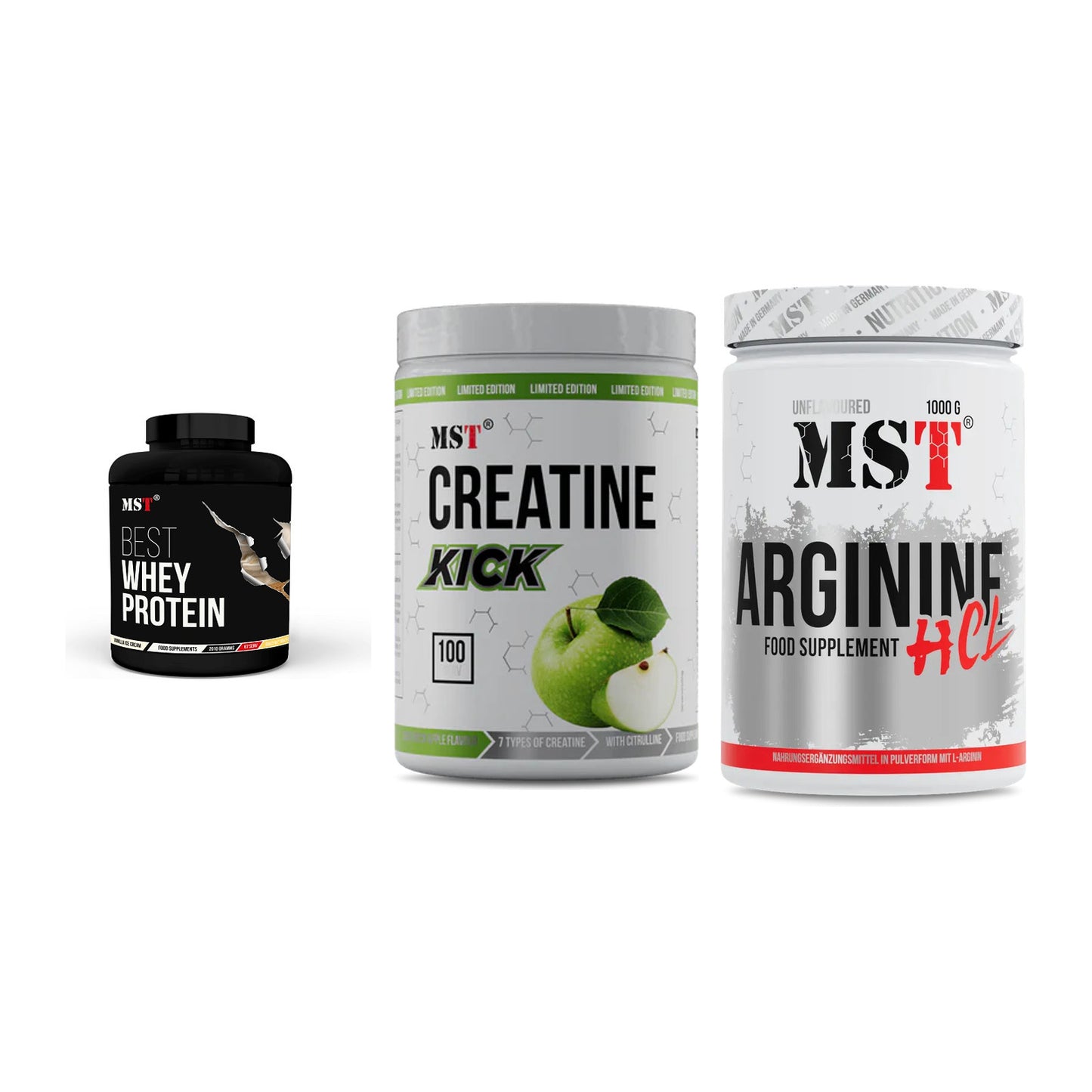 MST Marken-Trio: Best Whey Protein + Creatine Kick + Arginine HCL – alle enthaltenen Artikel