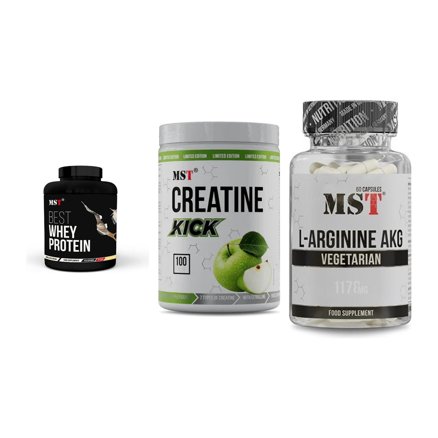 MST Marken-Trio: Best Whey + Creatine Kick + Arginin AAKG – alle enthaltenen Artikel