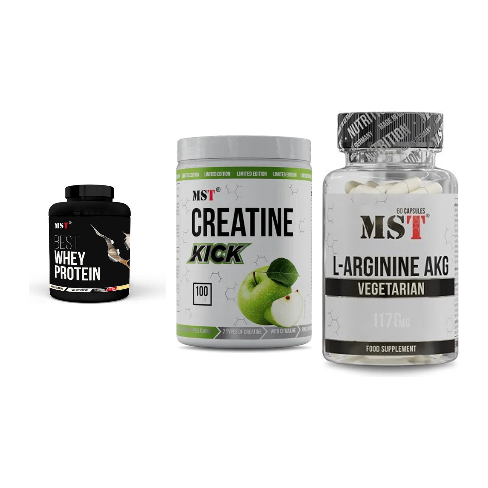 MST Marken-Trio: Best Whey + Creatine Kick + Arginin AAKG – alle enthaltenen Artikel
