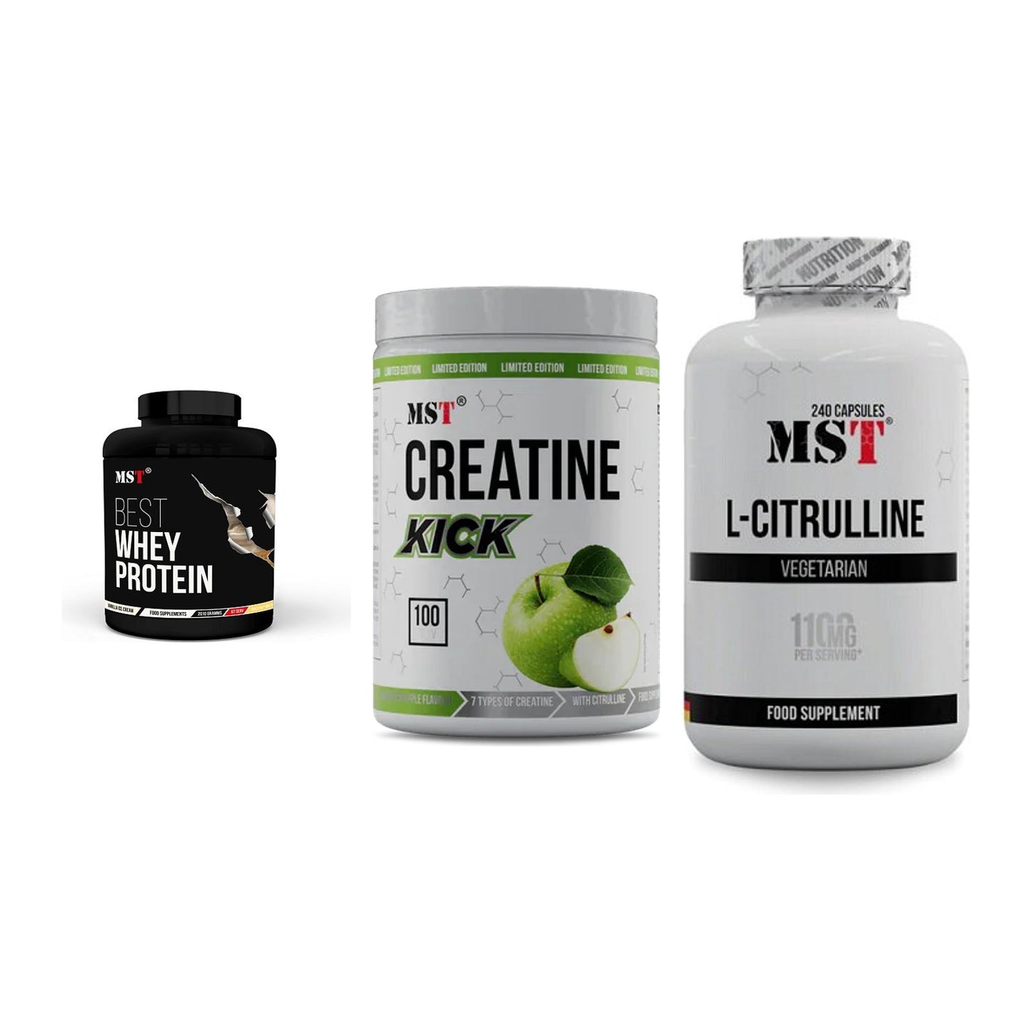 MST Marken-Trio: Best Whey Protein + Creatine Kick + Citrulline – alle enthaltenen Artikel