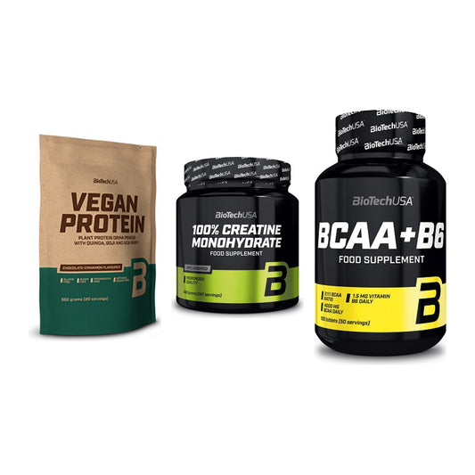BioTech USA Marken-Trio: Vegan Protein + Creatine + BCAA+B6 100 – alle enthaltenen Artikel