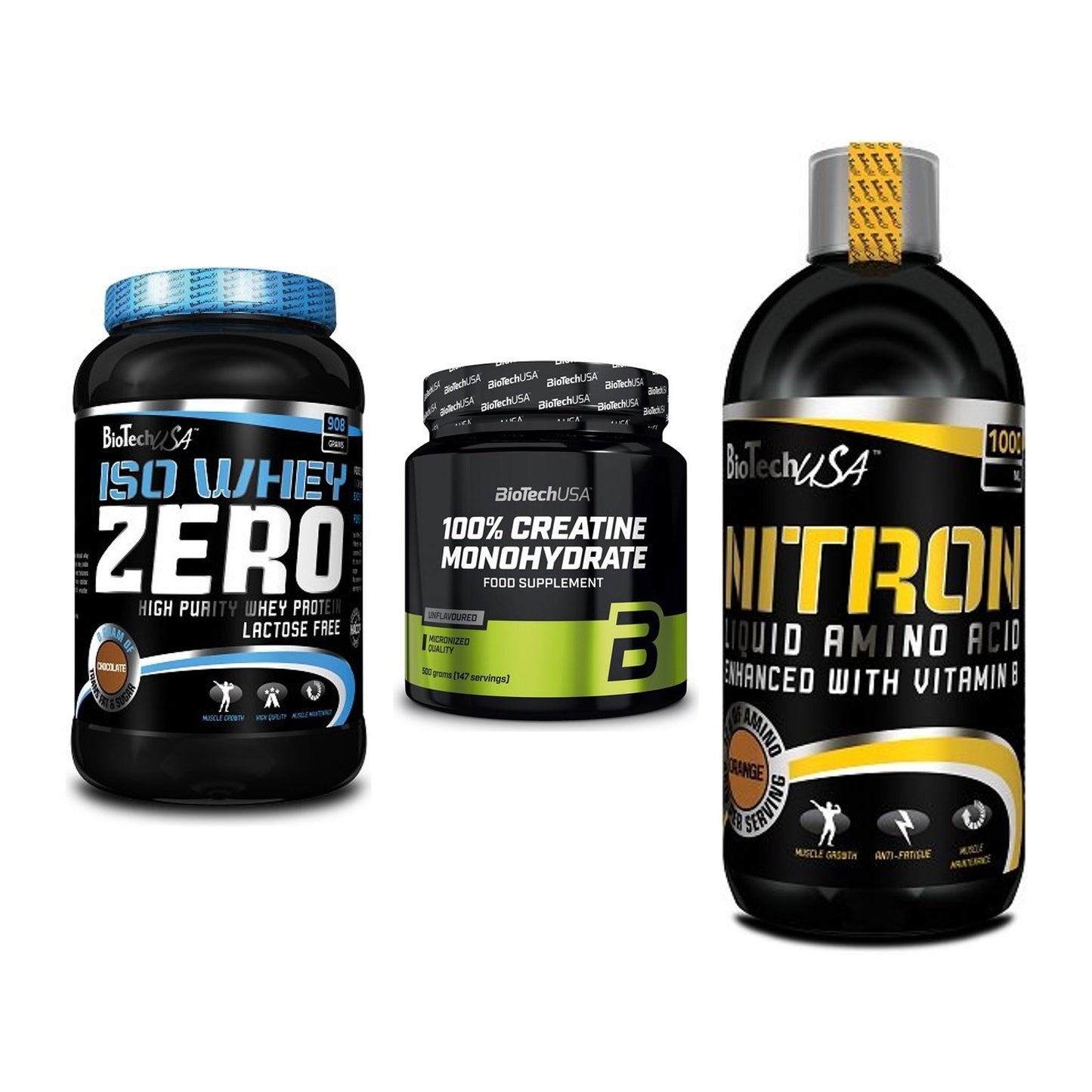BioTech USA Marken-Trio: Iso Whey Zero + Creatine + Liquid Amino – alle enthaltenen Artikel