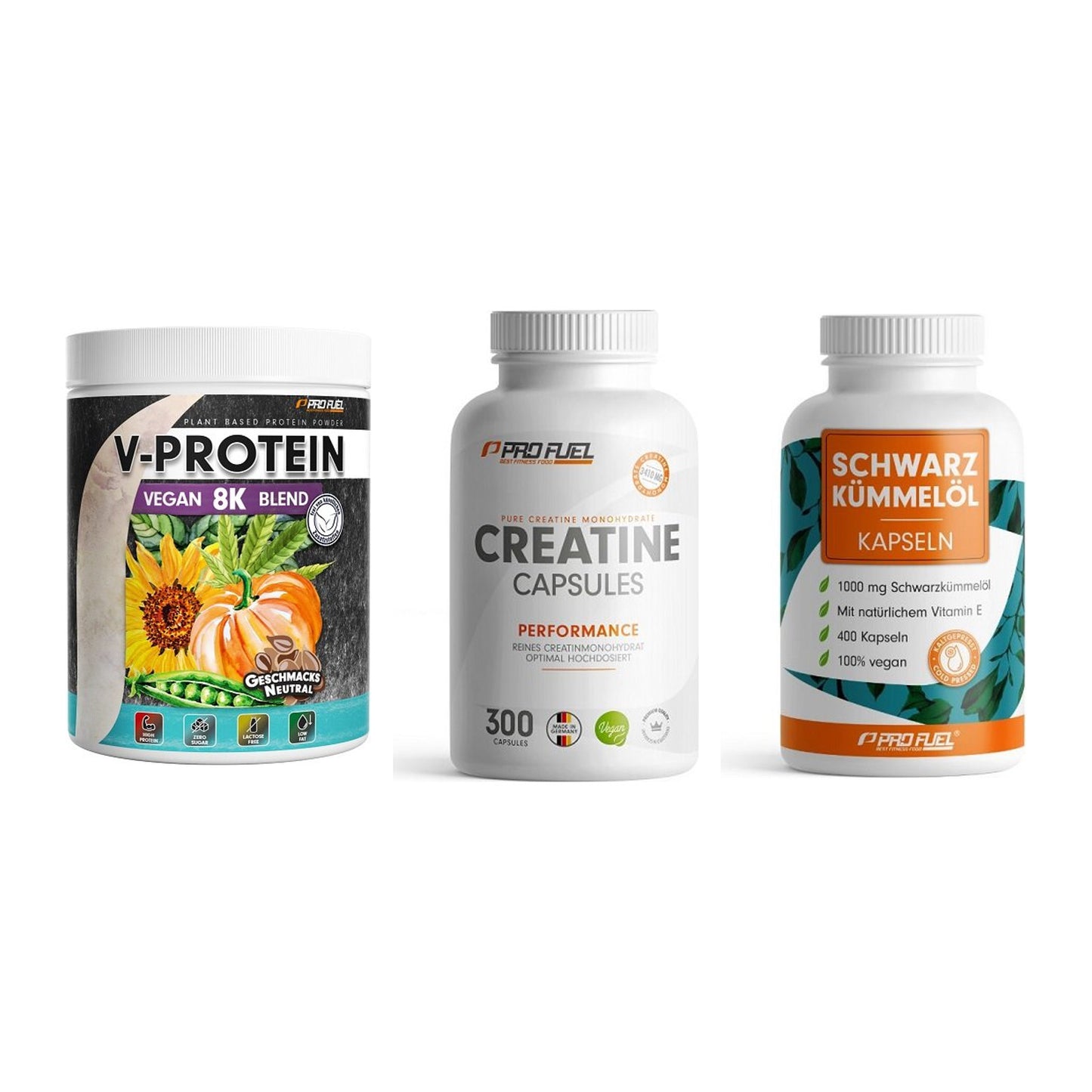 ProFuel Marken-Trio: V-Protein + Creatine + Schwarzkümmelö – alle enthaltenen Artikel