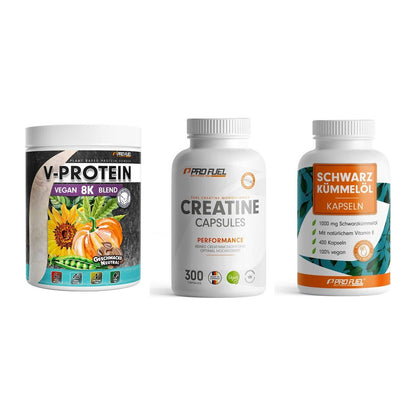 ProFuel Marken-Trio: V-Protein + Creatine + Schwarzkümmelö – alle enthaltenen Artikel