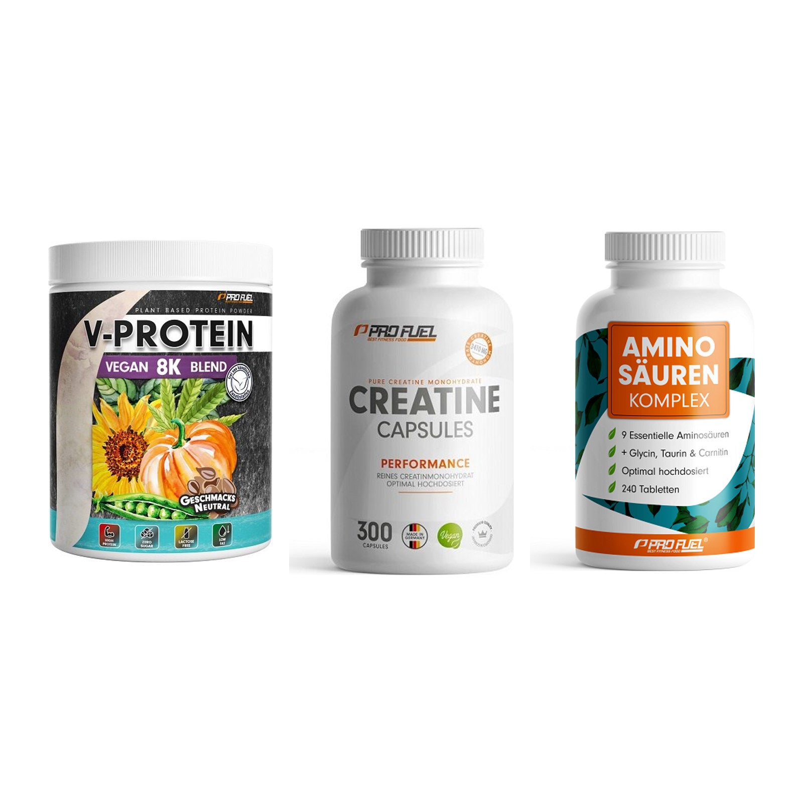 ProFuel Marken-Trio: V-Protein + Creatine + Aminosäuren – alle enthaltenen Artikel