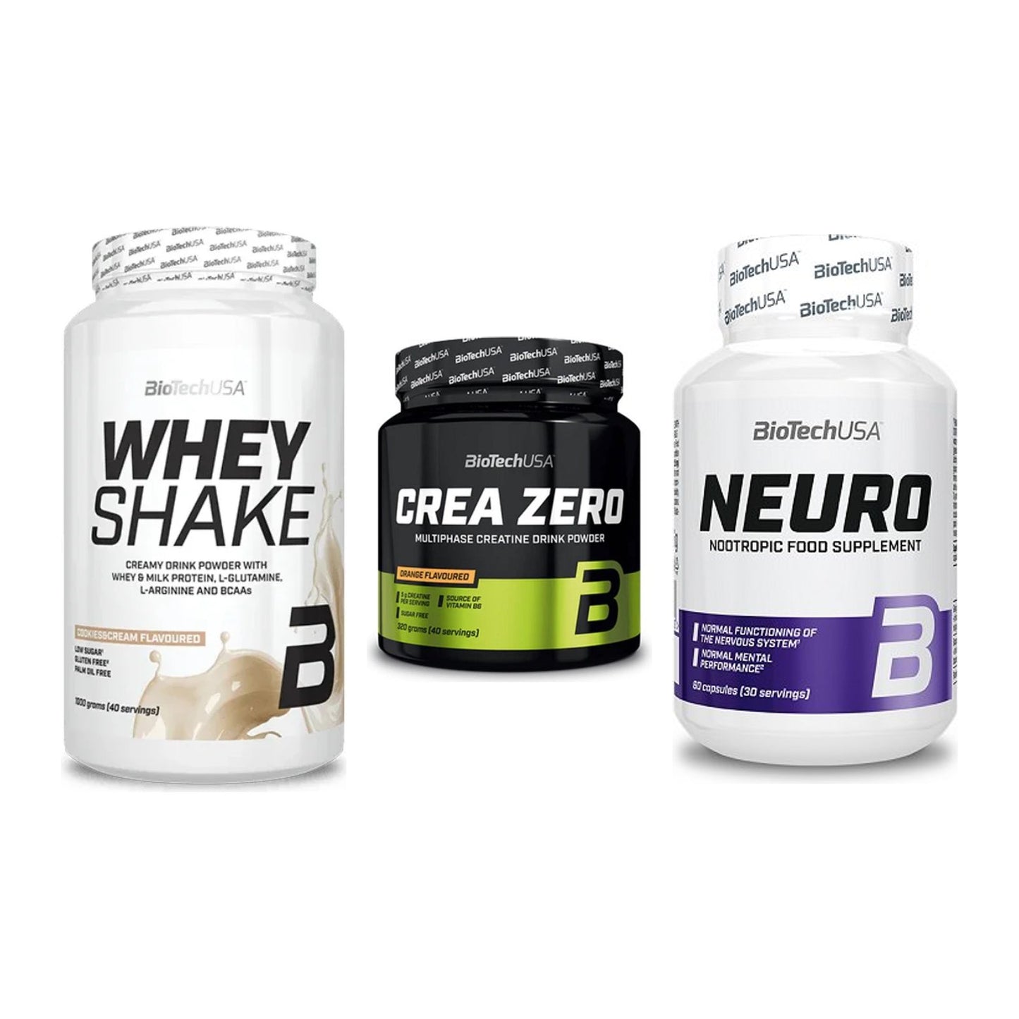 BioTech USA Marken-Trio: Whey Shake + Crea Zero + Neuro – alle enthaltenen Artikel