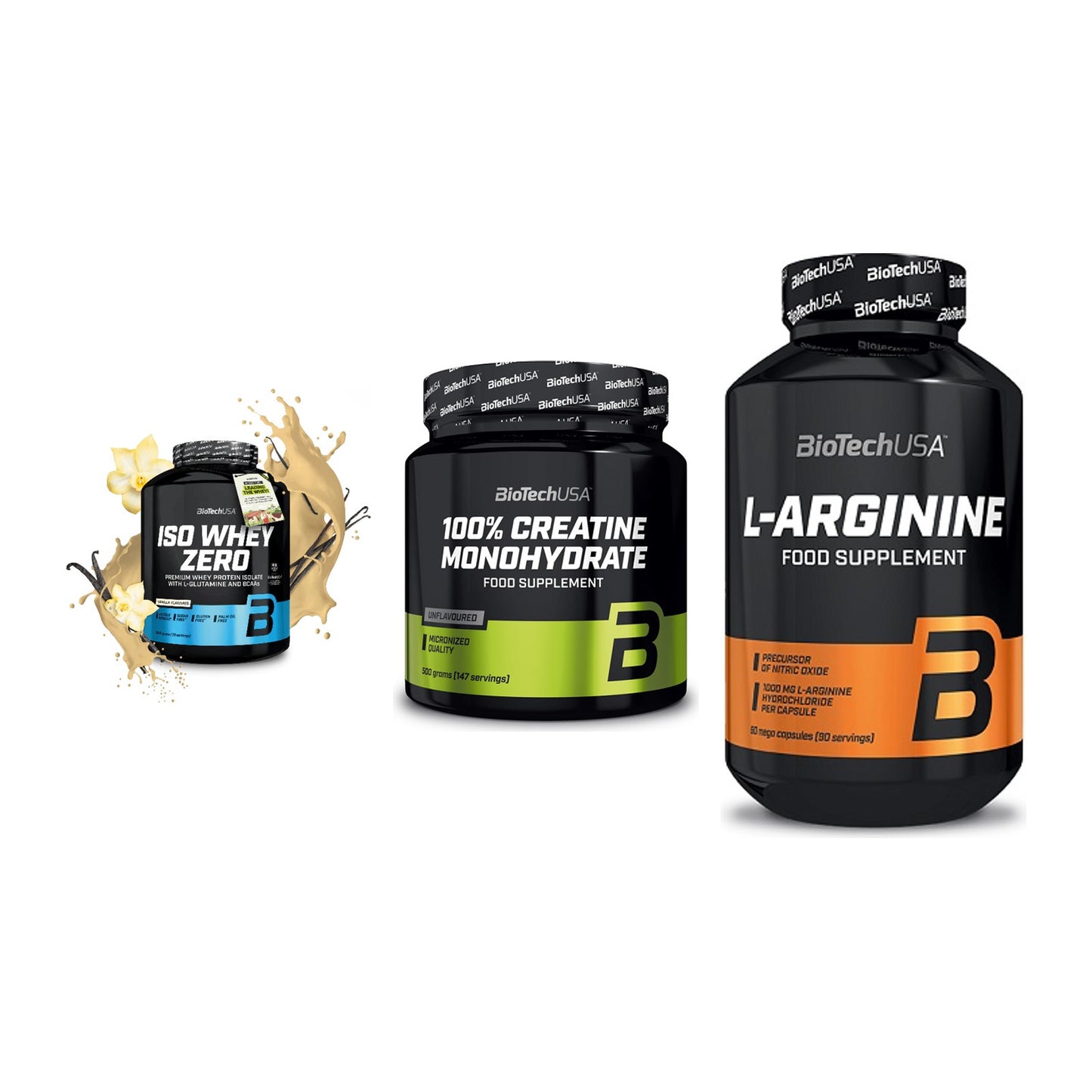 BioTech USA Marken-Trio: Iso Whey Zero + Creatine + L-Arginine – alle enthaltenen Artikel