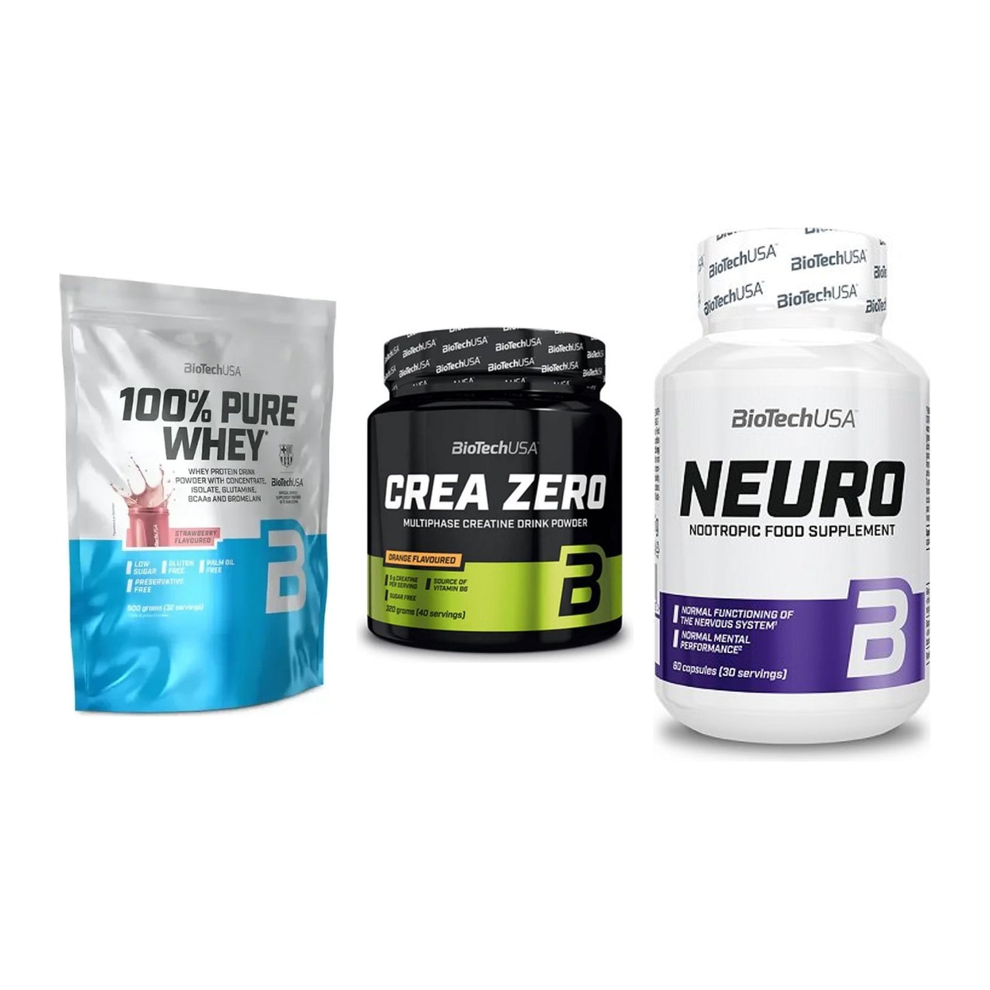 BioTech USA Marken-Trio: 100% Pure Whey + Crea Zero + Neuro – alle enthaltenen Artikel