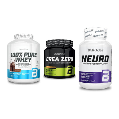 BioTech USA Marken-Trio: 100% Pure Whey + Crea Zero + Neuro – alle enthaltenen Artikel