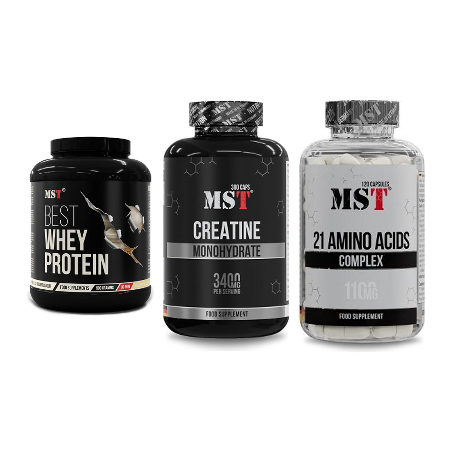 MST Marken-Trio: Best Whey + Creatine + 21 Amino Acids – alle enthaltenen Artikel