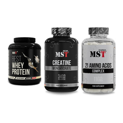 MST Marken-Trio: Best Whey + Creatine + 21 Amino Acids – alle enthaltenen Artikel