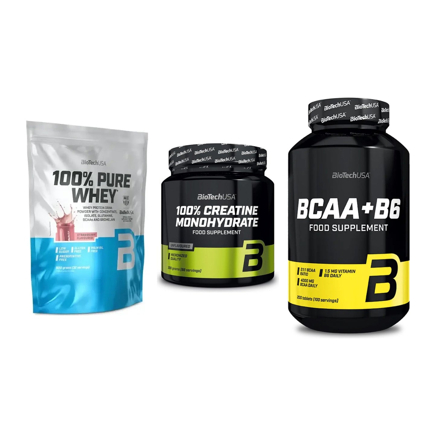 BioTech USA Marken-Trio: 100% Pure + Creatine + BCAA+B6 200 – alle enthaltenen Artikel