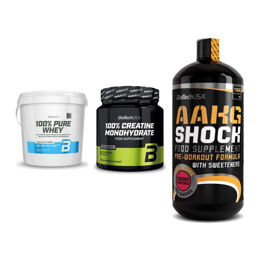 BioTech USA Marken-Trio: 100% Pure + Creatine + AAKG Shock – alle enthaltenen Artikel