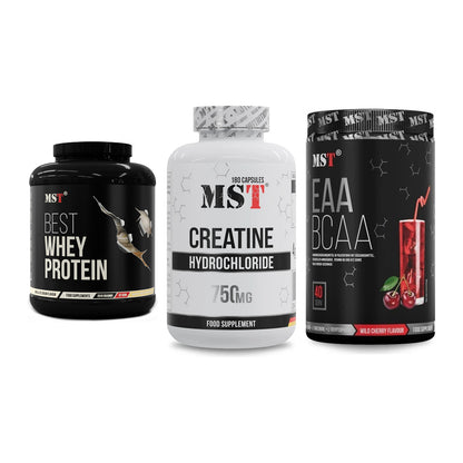 MST Marken-Trio: Best Whey Protein + Creatine HCL + EAA & BCAA – alle enthaltenen Artikel