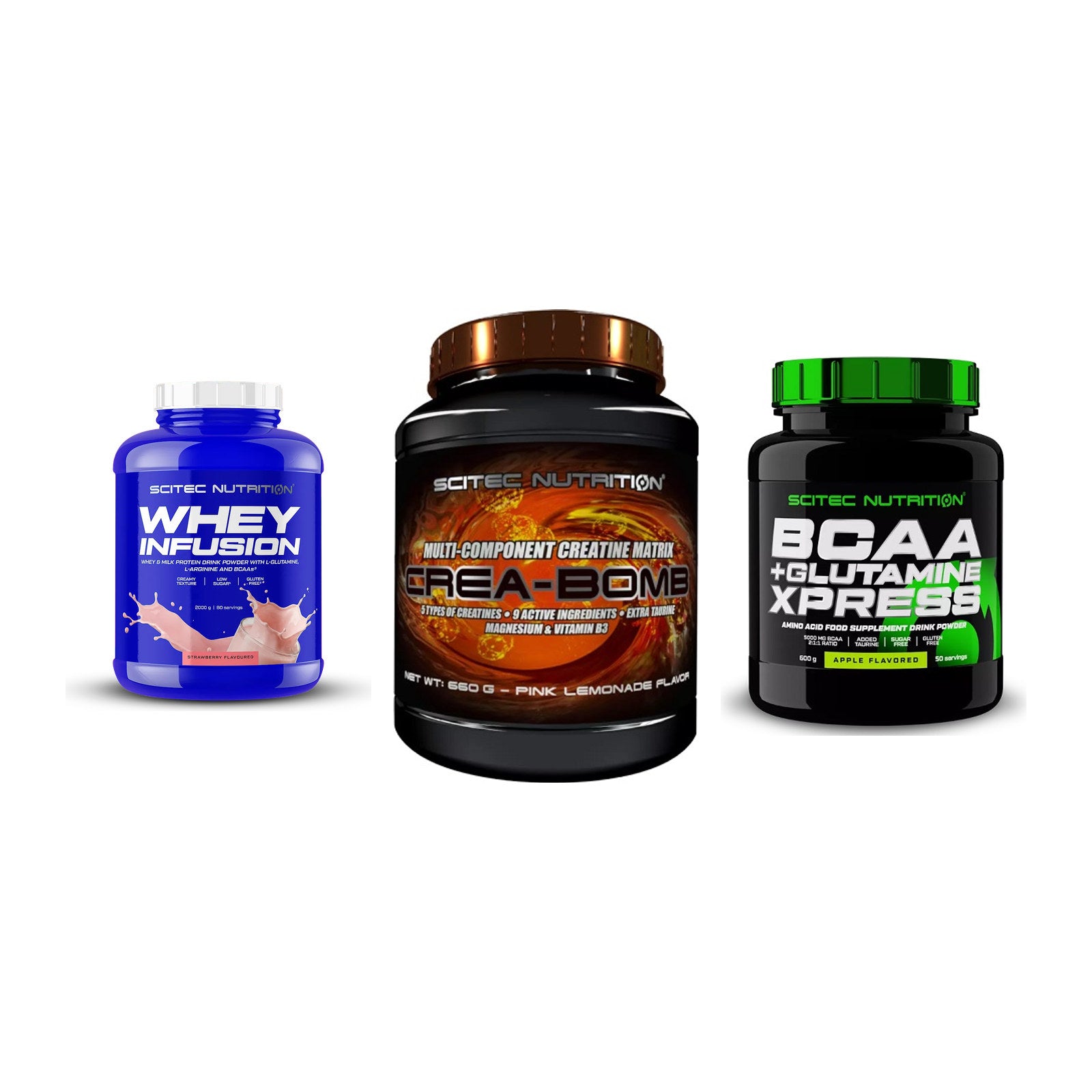 Scitec Nutrition Marken-Trio: Whey Infusion + Crea-Bomb + 1 weitere – alle enthaltenen Artikel