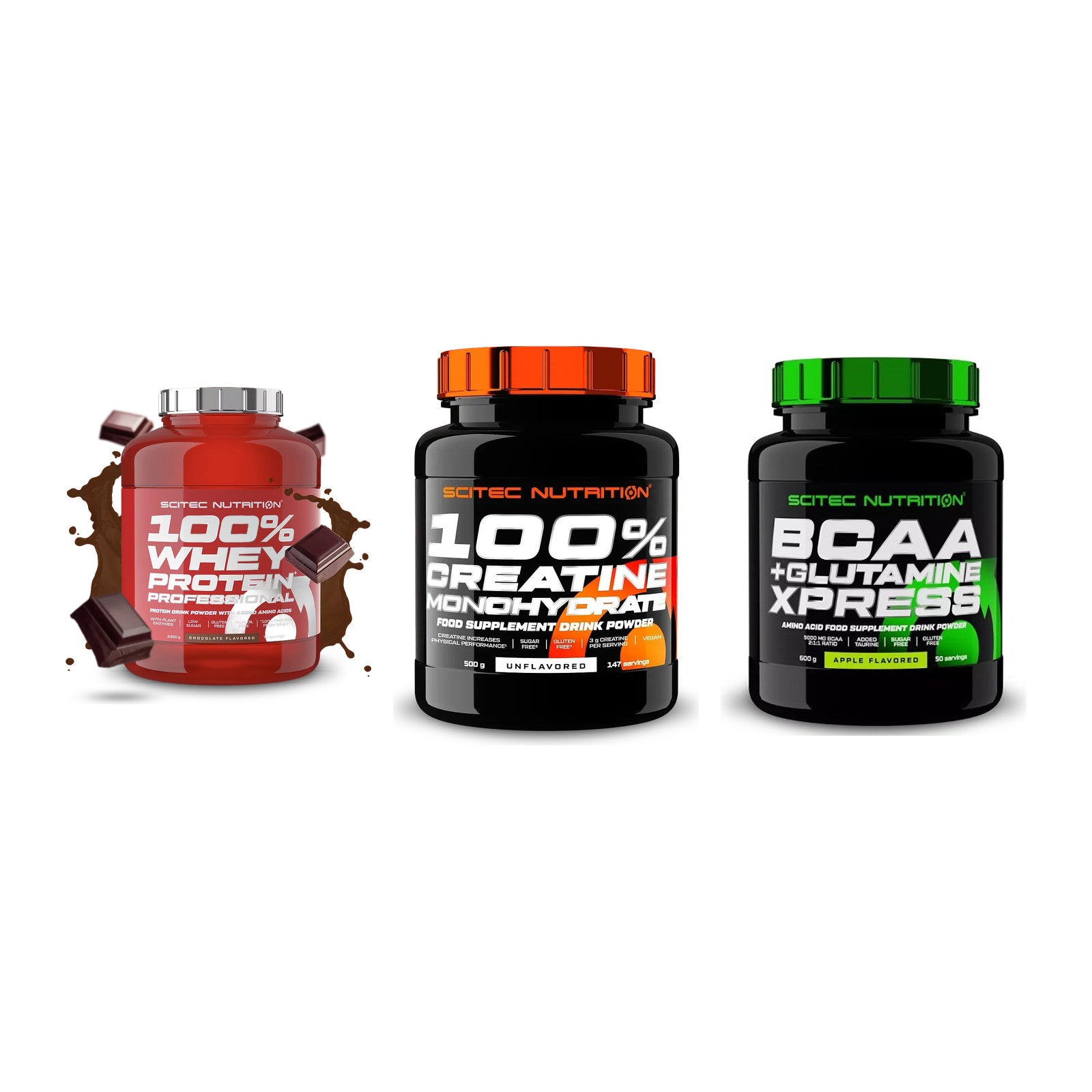 Scitec Nutrition Marken-Trio: 100% Whey + Creatine + 1 weitere – alle enthaltenen Artikel