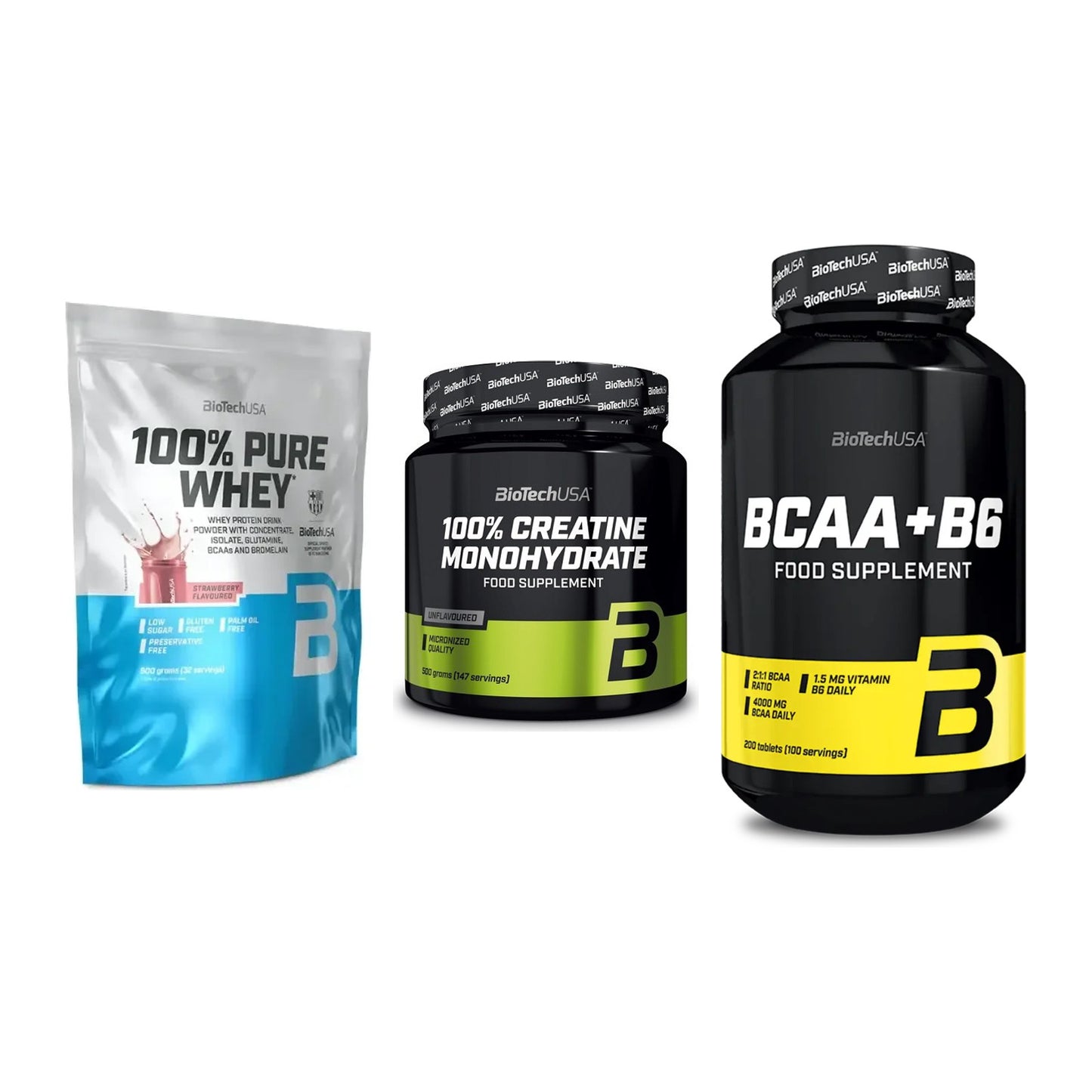 BioTech USA Marken-Trio: 100% Pure + Creatine + BCAA+B6 200 – alle enthaltenen Artikel