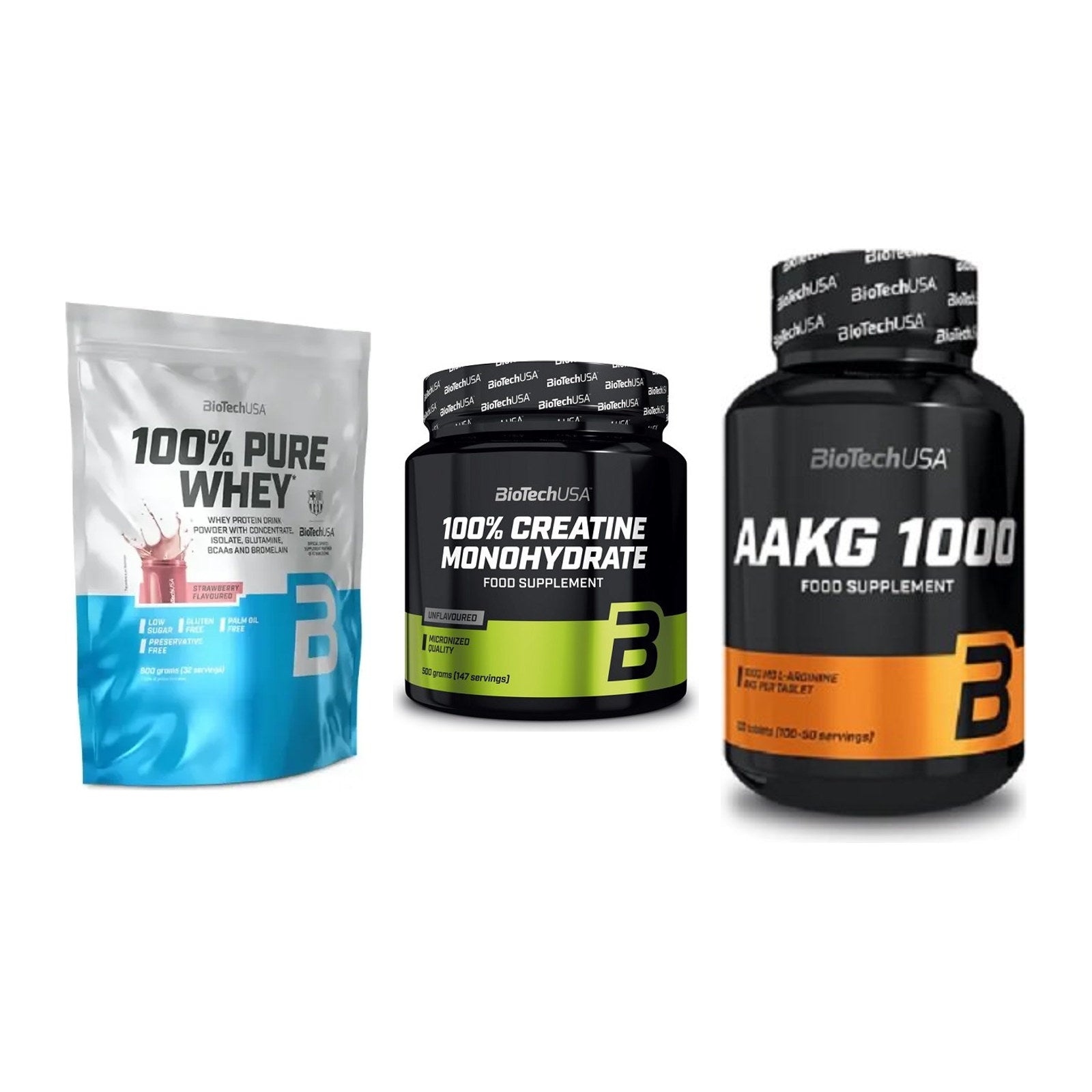 BioTech USA Marken-Trio: 100% Pure + Creatine + AAKG 1000mg – alle enthaltenen Artikel