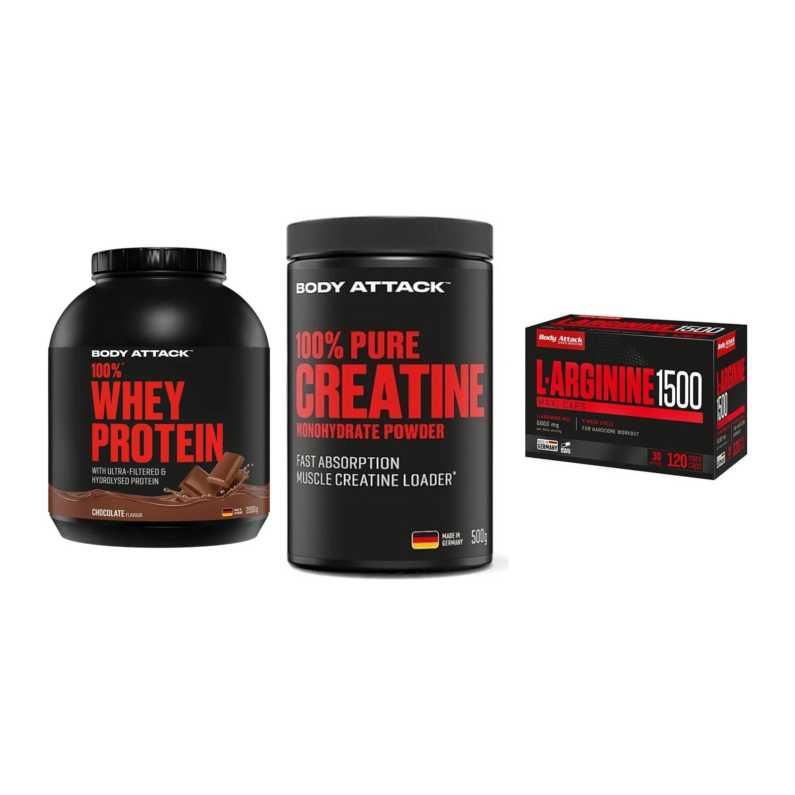 Body Attack Marken-Trio: Attack 100% Whey Protein 2000g + 2 weitere – alle enthaltenen Artikel