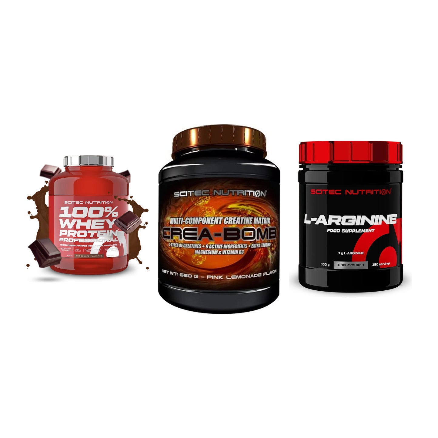 Scitec Nutrition Marken-Trio: 100% Whey + Crea-Bomb + 1 weitere – alle enthaltenen Artikel