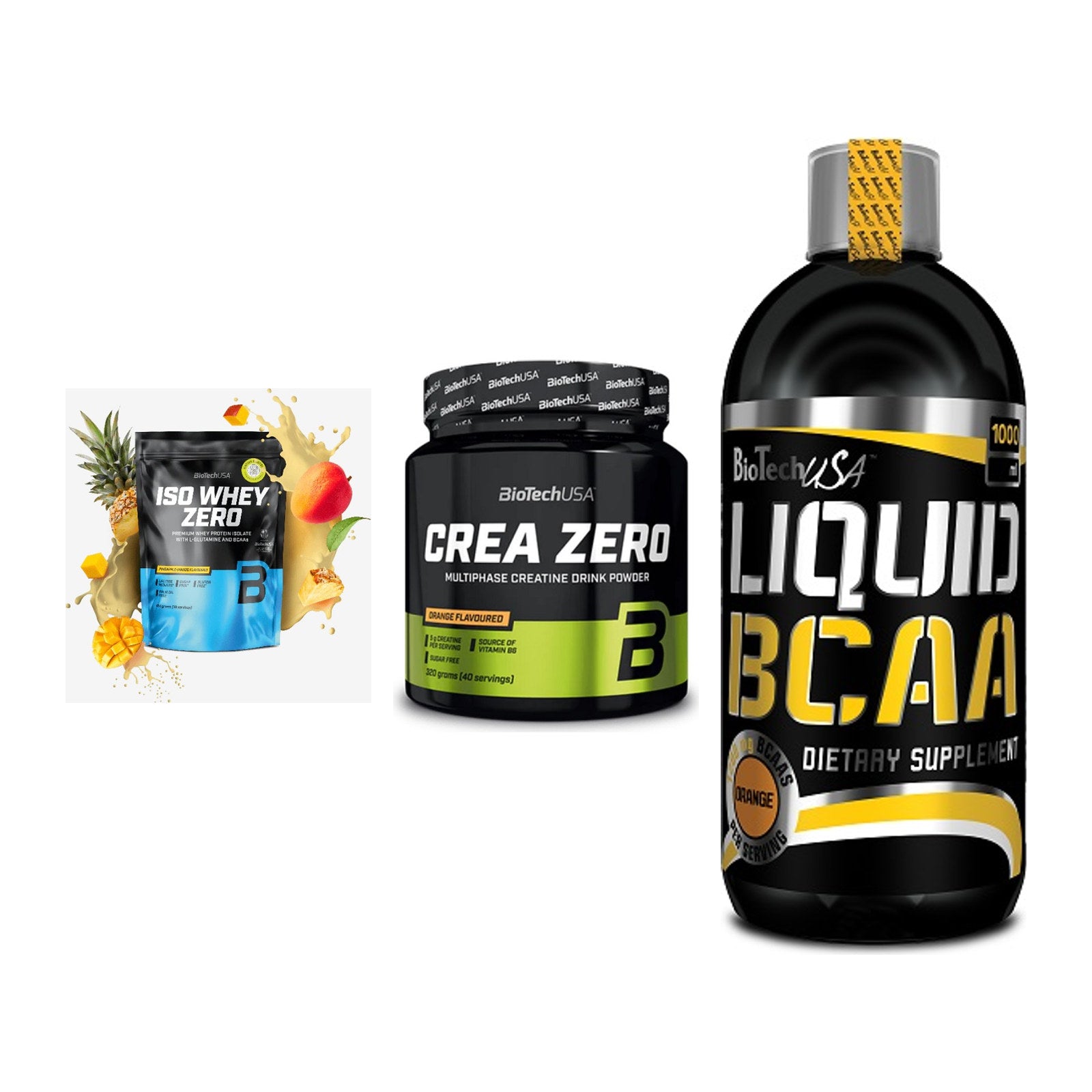 BioTech USA Marken-Trio: Iso Whey Zero + Crea Zero + Liquid BCAA – alle enthaltenen Artikel