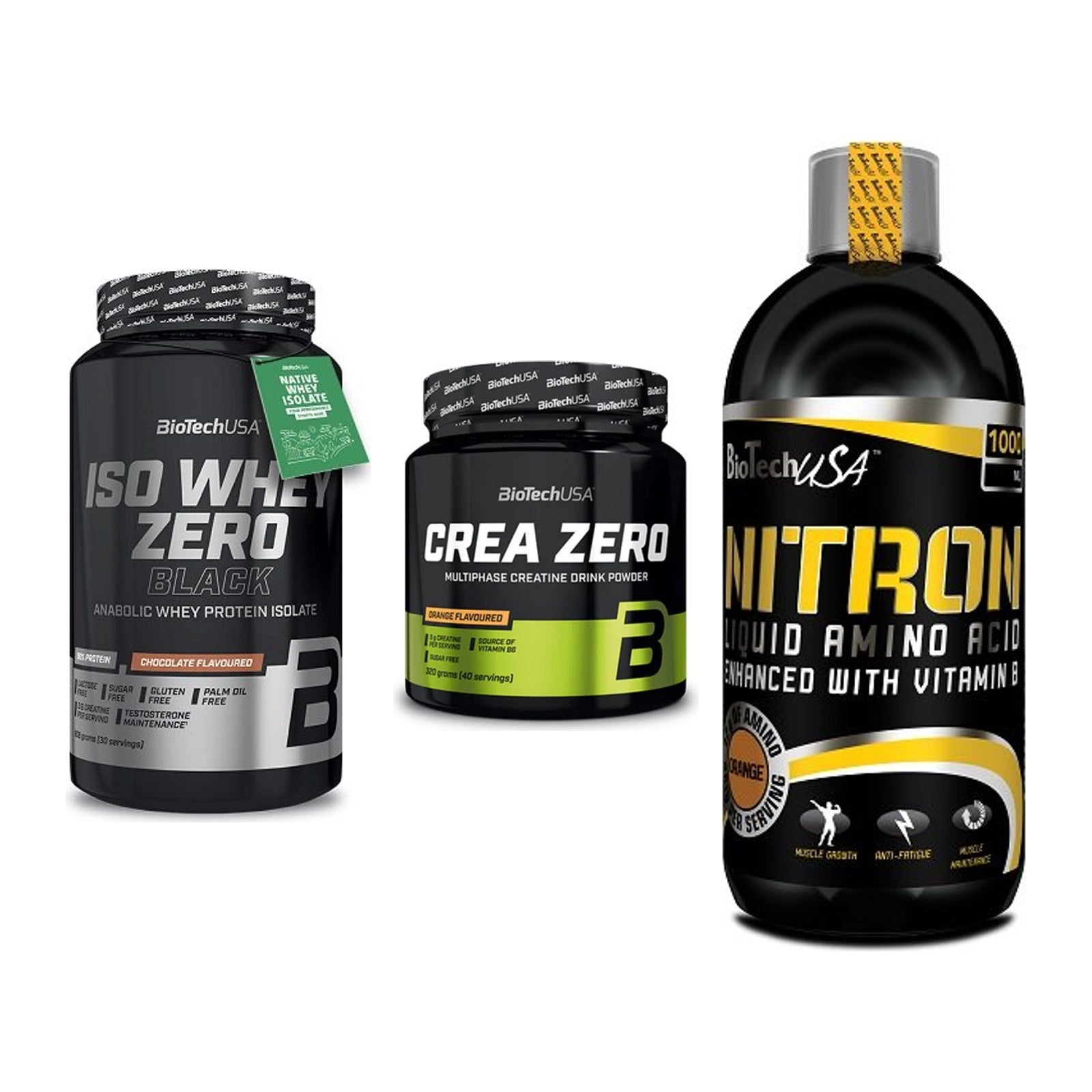 BioTech USA Marken-Trio: Iso Whey Zero + Crea Zero + Liquid Amino – alle enthaltenen Artikel
