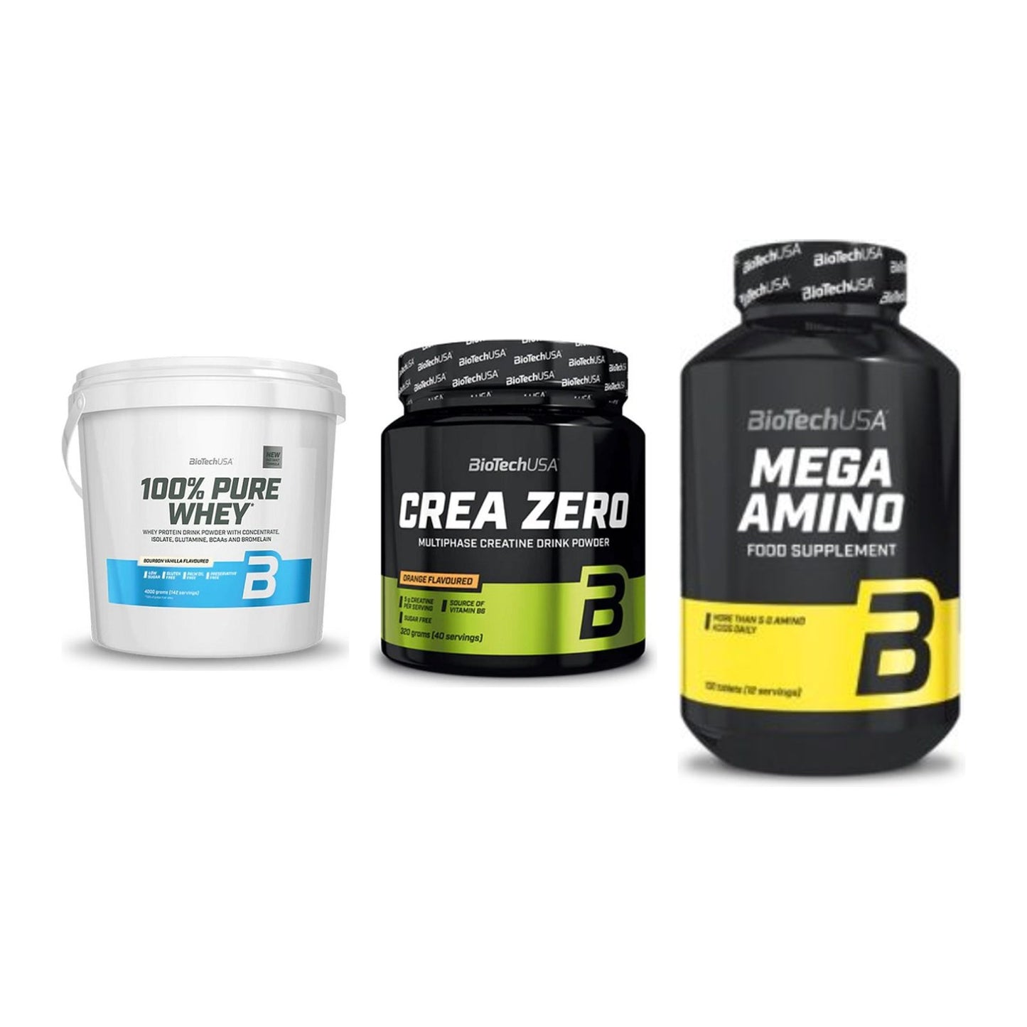 BioTech USA Marken-Trio: 100% Pure Whey + Crea Zero + Mega Amino – alle enthaltenen Artikel
