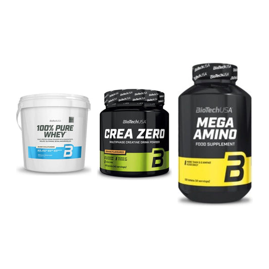 BioTech USA Marken-Trio: 100% Pure Whey + Crea Zero + Mega Amino – alle enthaltenen Artikel