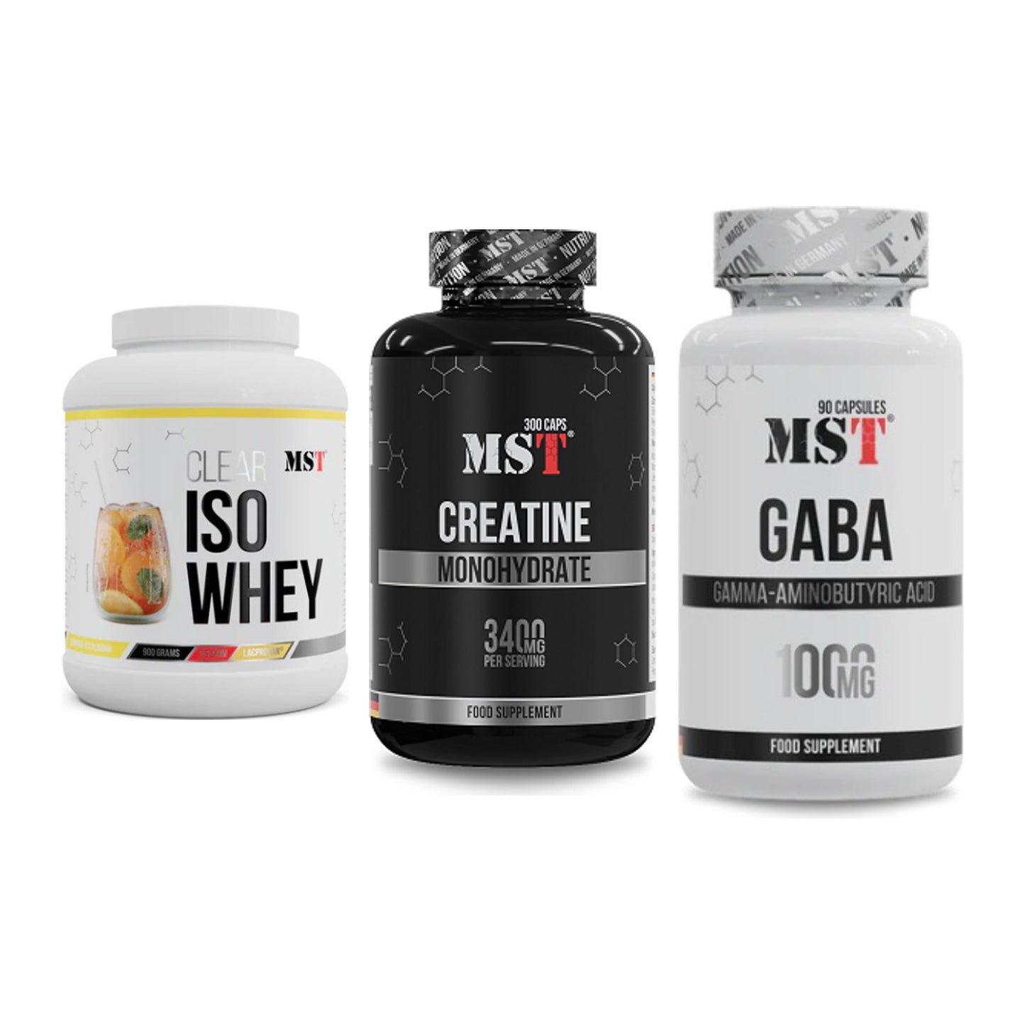 MST Marken-Trio: Iso Clear + Creatine Monohydrate + GABA 1000mg – alle enthaltenen Artikel