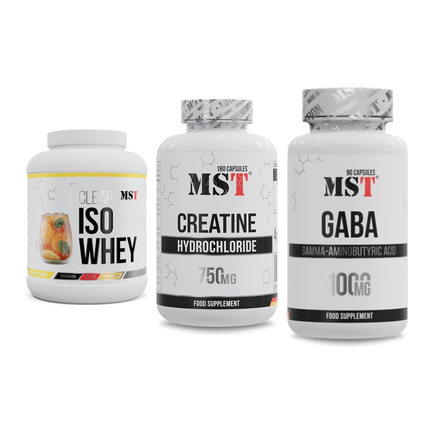MST Marken-Trio: Iso Clear + Creatine HCL + GABA 1000mg – alle enthaltenen Artikel