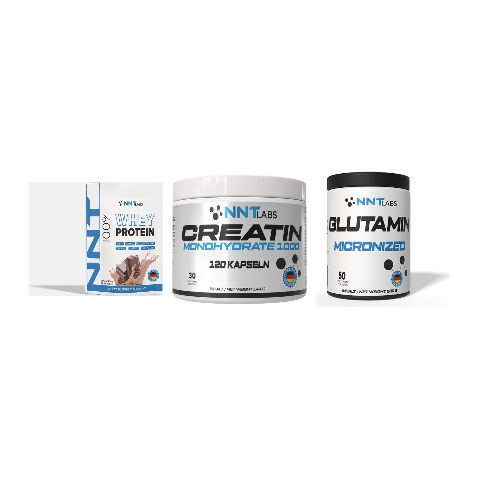 NNT Labs Marken-Trio: Whey + Creatin 1000 mg + Glutamin – alle enthaltenen Artikel