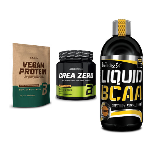 BioTech USA Marken-Trio: Vegan Protein + Crea Zero + Liquid BCAA – alle enthaltenen Artikel