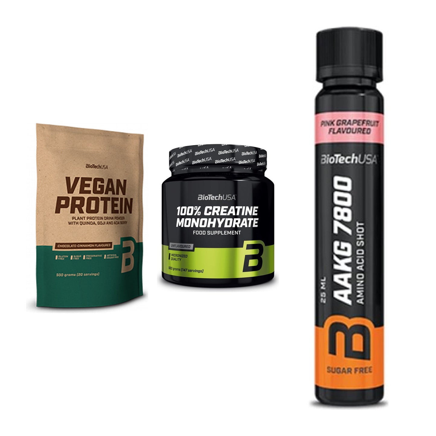 BioTech USA Marken-Trio: Vegan Protein + Creatine + AAKG 7800 – alle enthaltenen Artikel