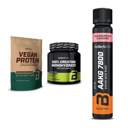 BioTech USA Marken-Trio: Vegan Protein + Creatine + AAKG 7800 – alle enthaltenen Artikel
