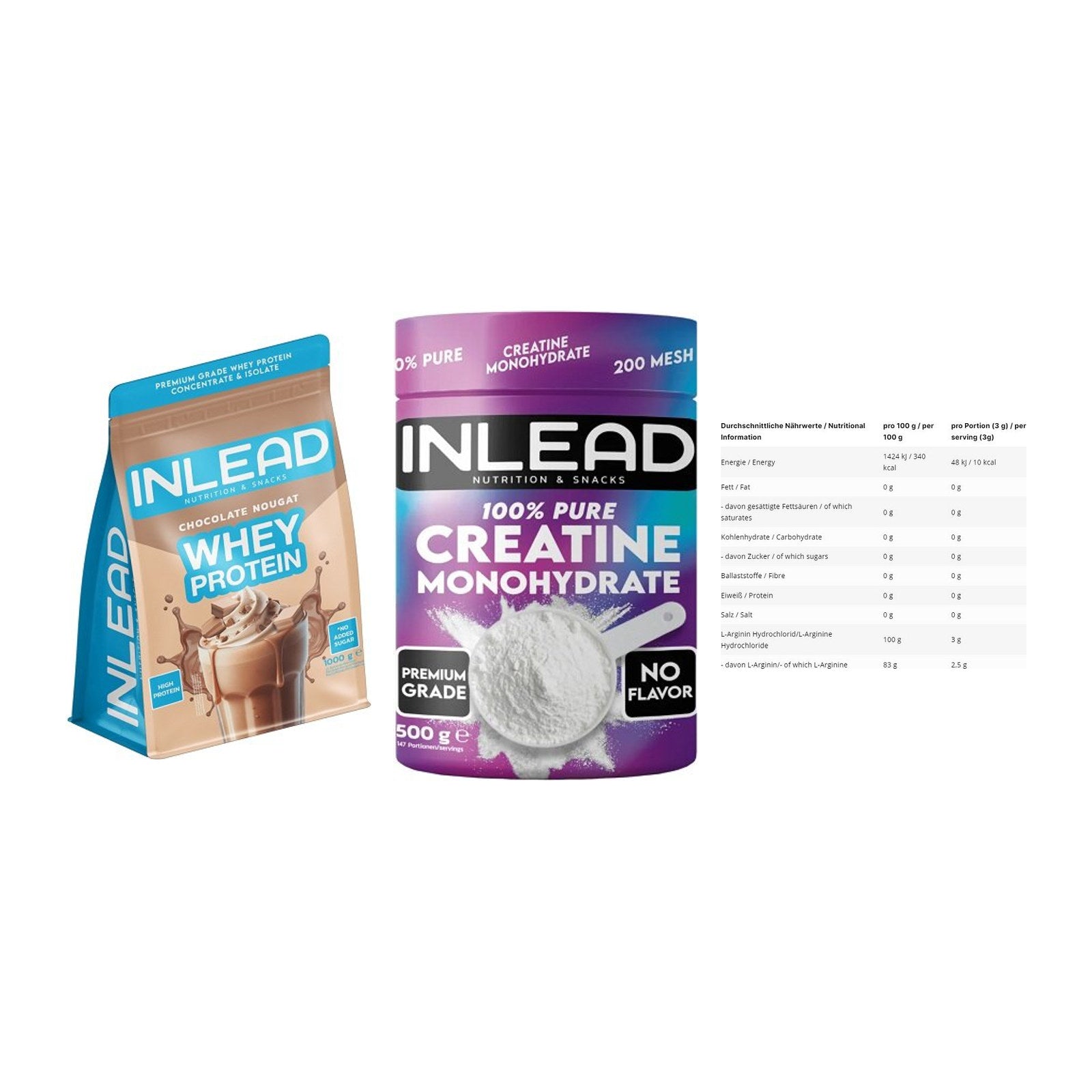 INLEAD Marken-Trio: Whey Protein + Creatine + L-Arginin HCL – alle enthaltenen Artikel