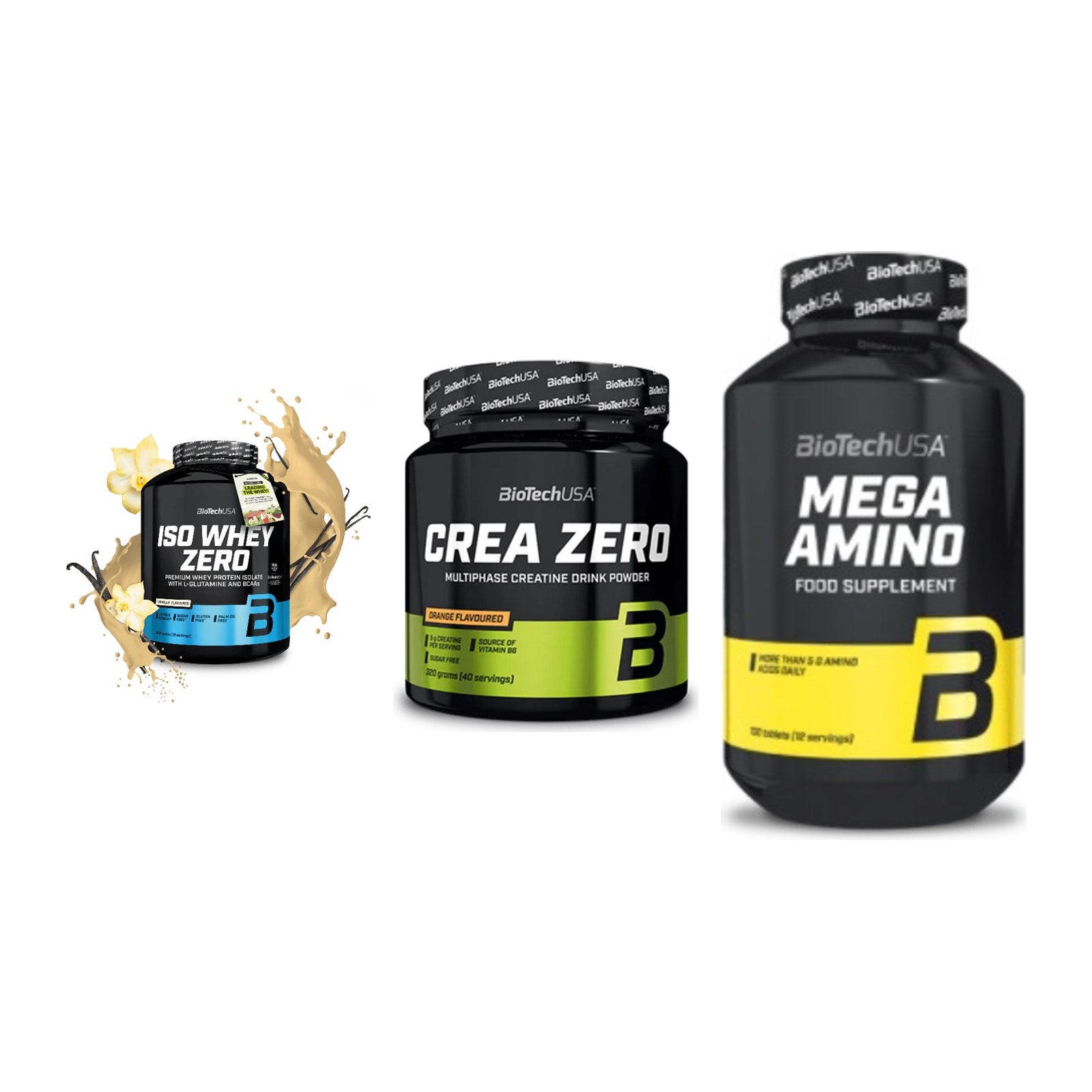 BioTech USA Marken-Trio: Iso Whey Zero + Crea Zero + Mega Amino – alle enthaltenen Artikel